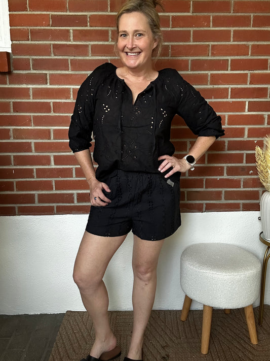 Embroidered Floral Eyelet Side Pocket Shorts