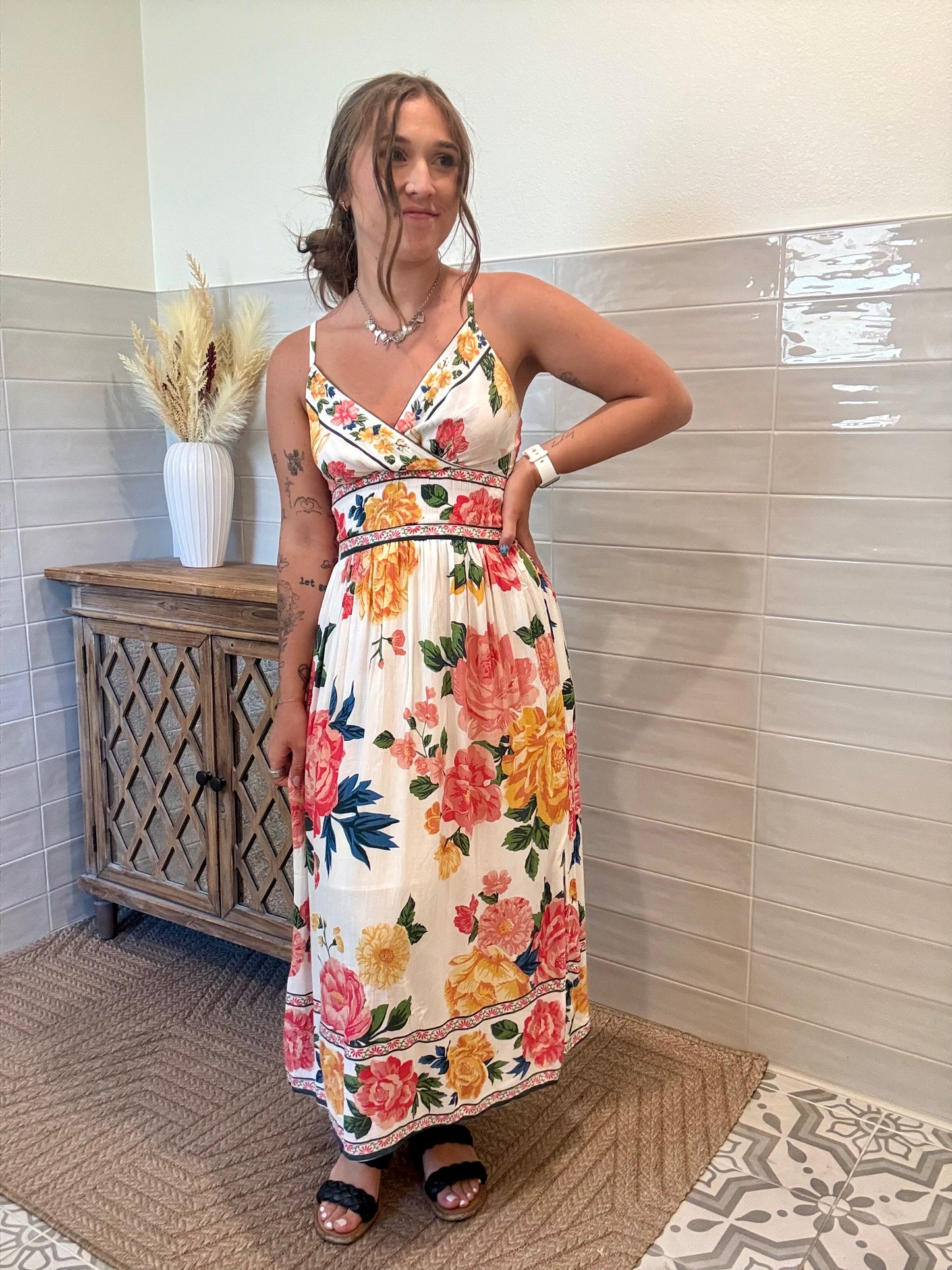 Ivory and Pink Floral Midi Dress