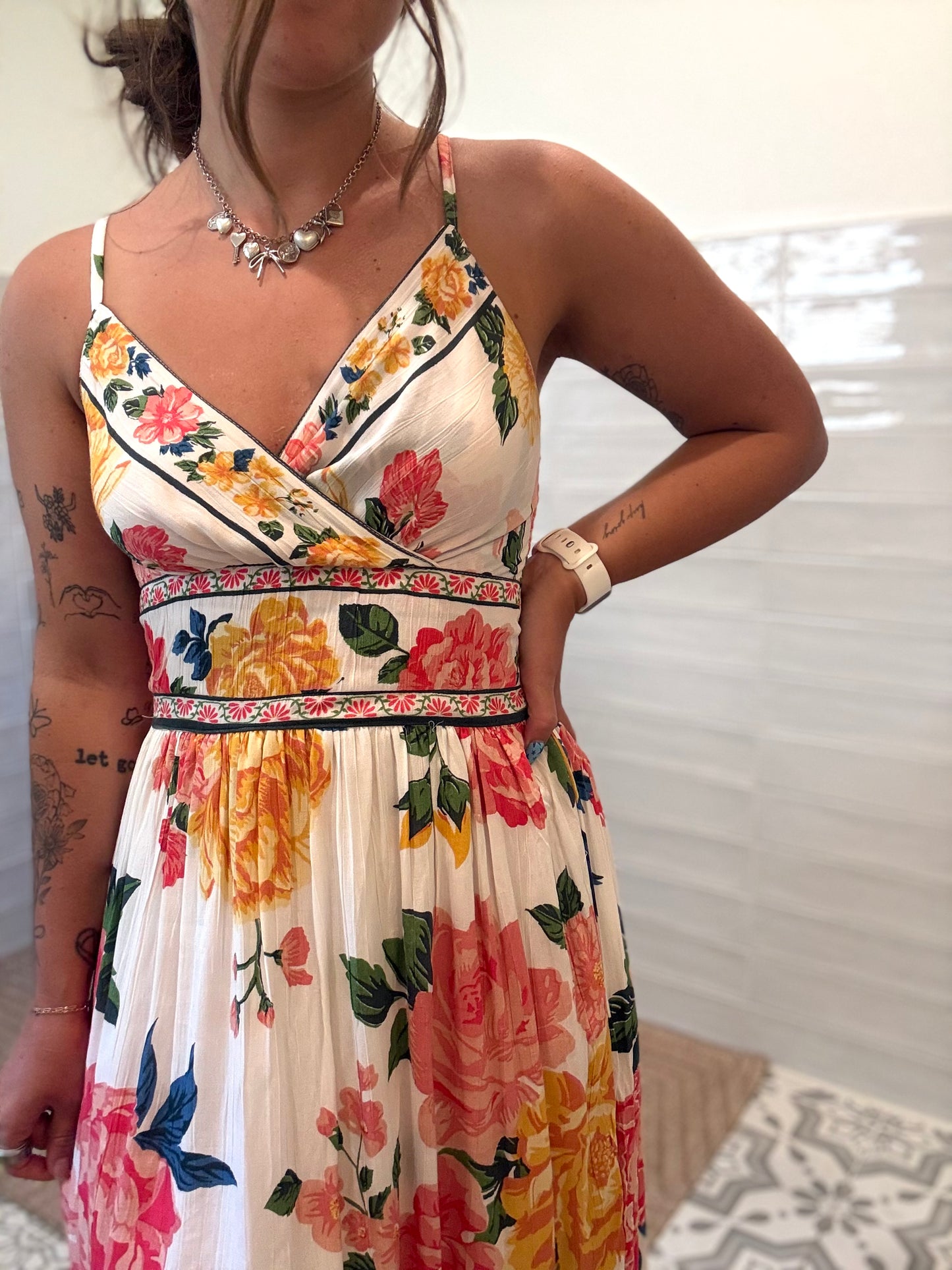 Ivory and Pink Floral Midi Dress