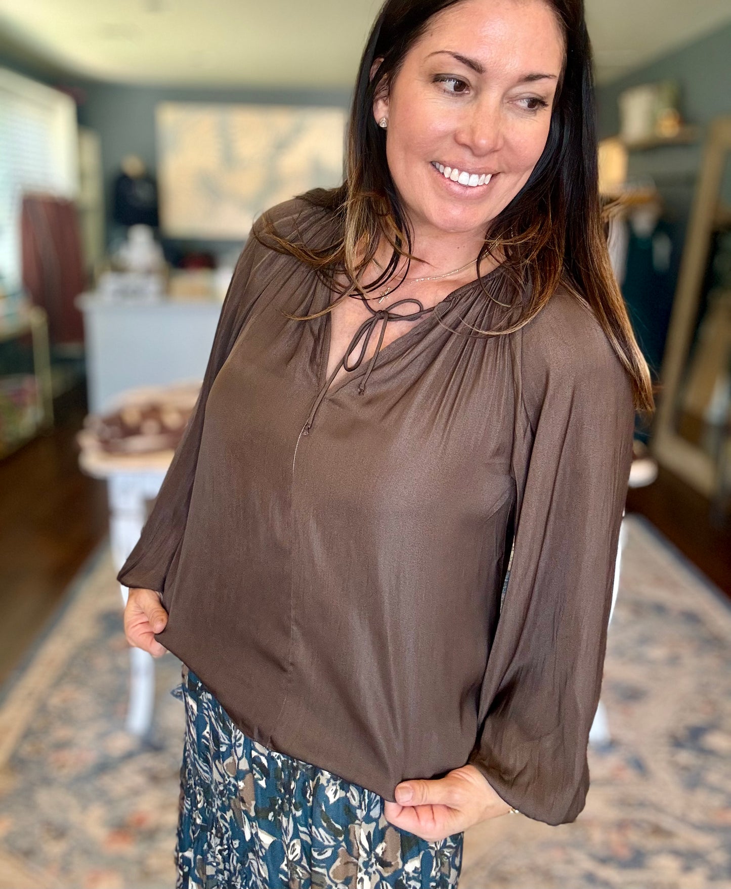 Dark Roast Solid Satin Blouse - Large