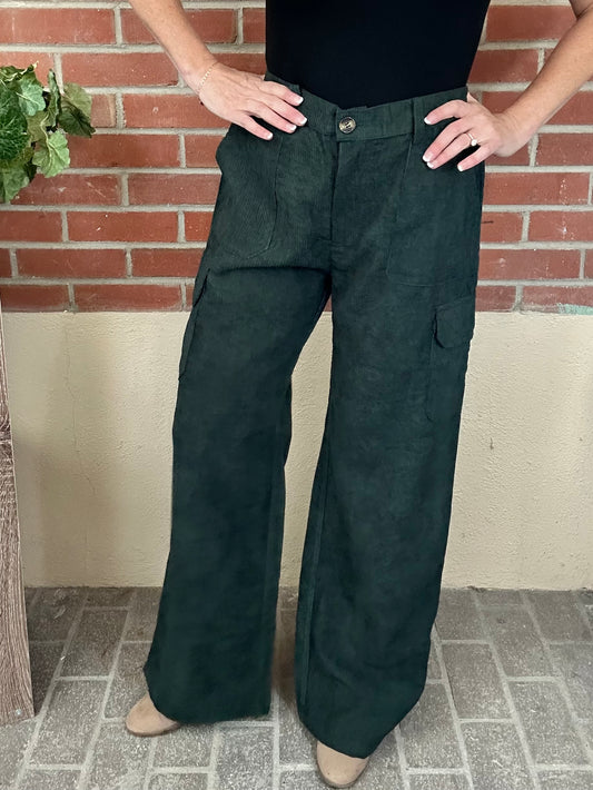 Corduroy Wide Leg Pants - Forest Green