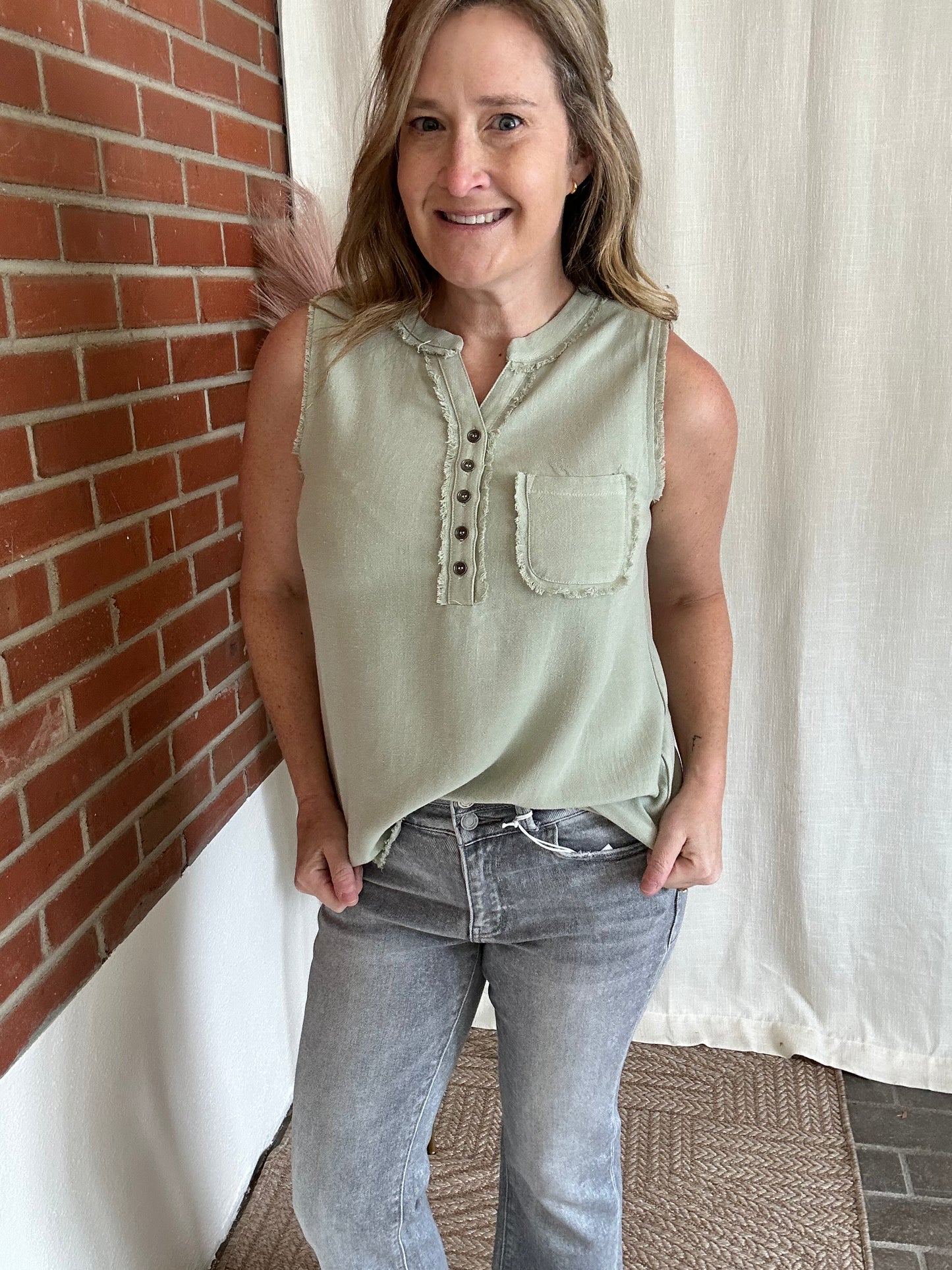 Linen Blend Frayed Sleeveless Top