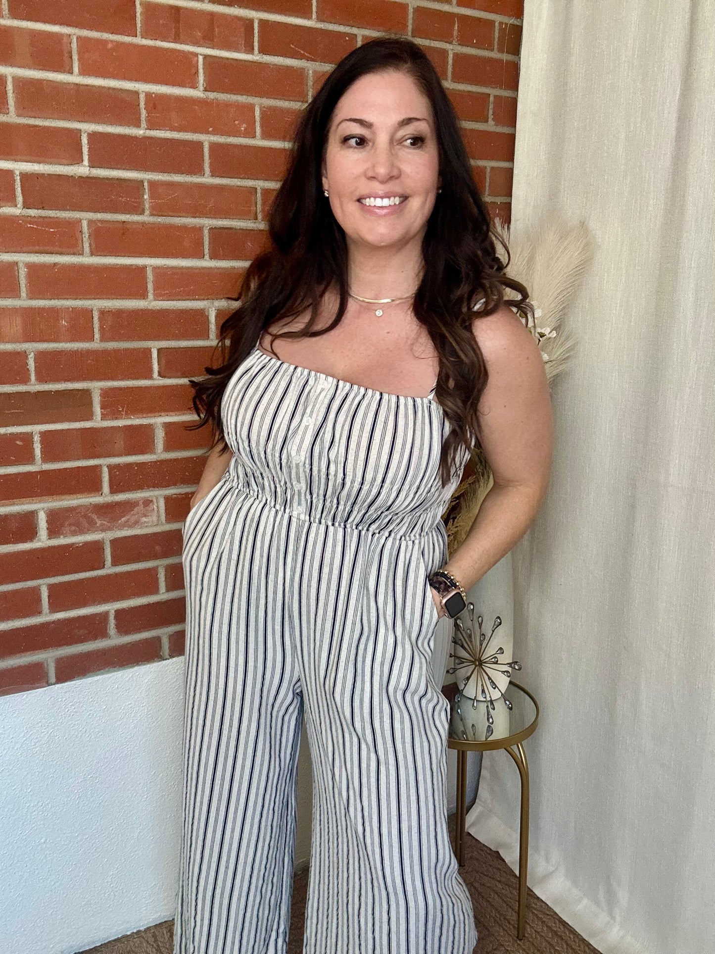 Linen Blend Stripe Wide Leg Jumpsuit