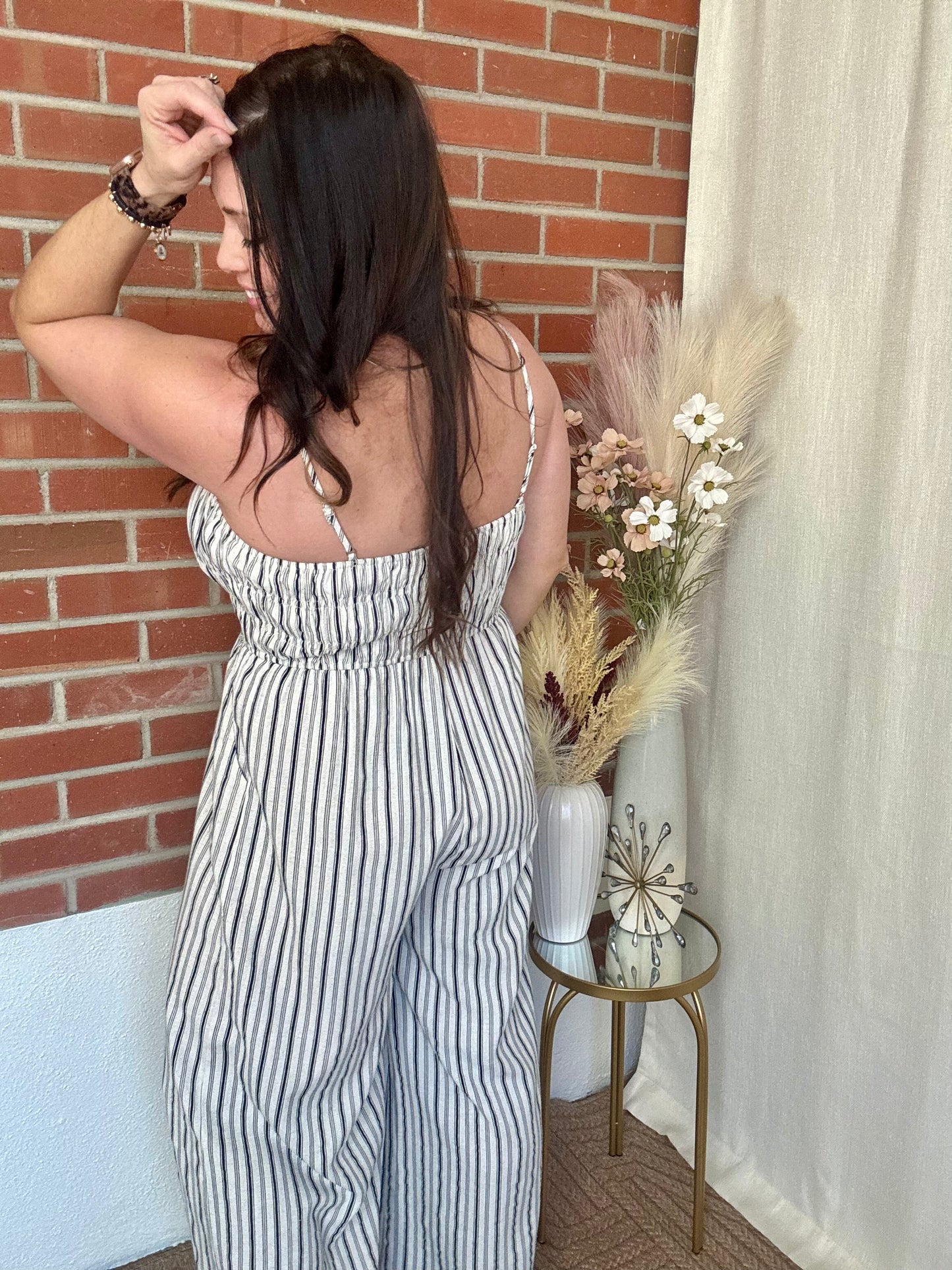 Linen Blend Stripe Wide Leg Jumpsuit