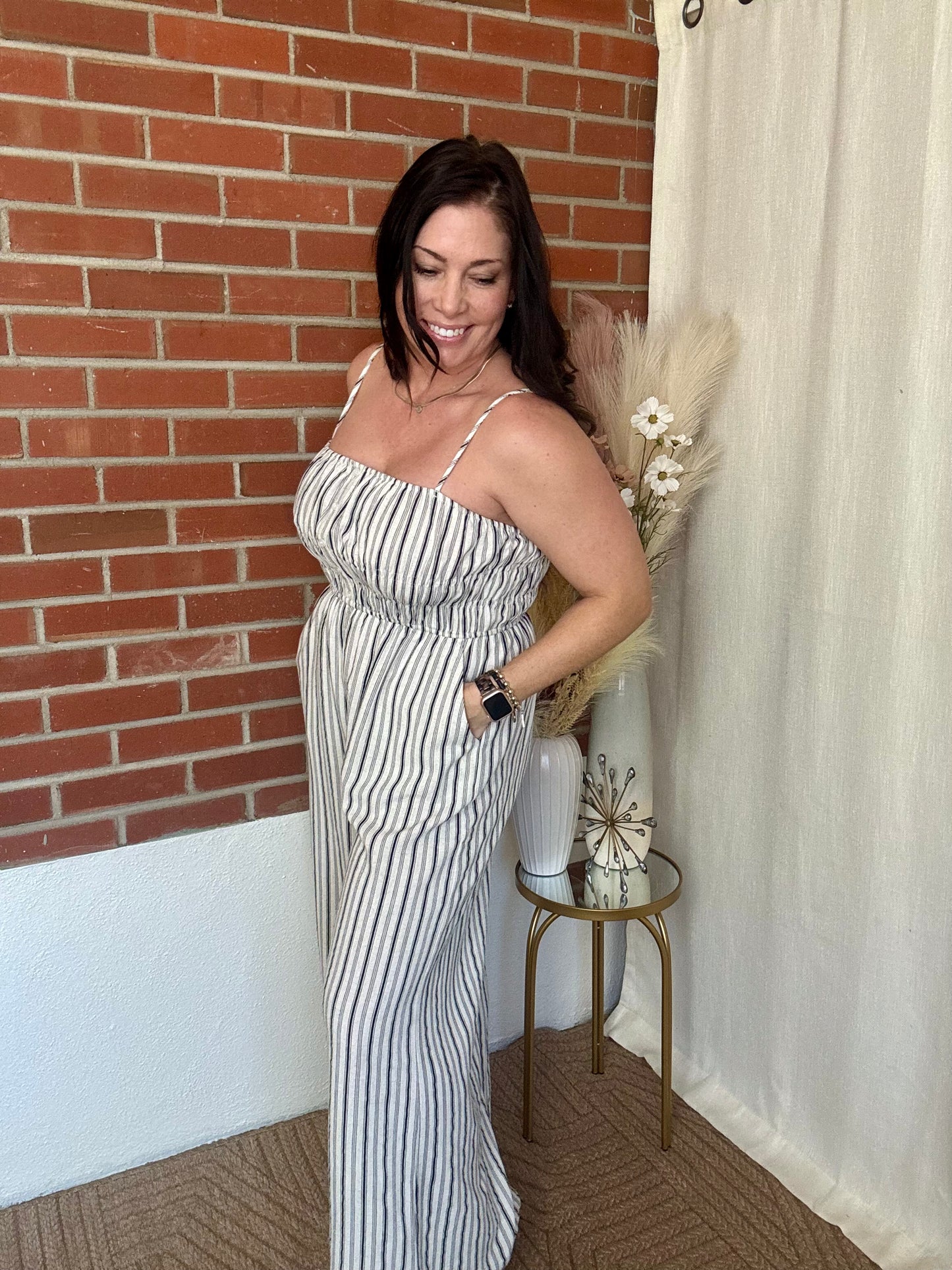 Linen Blend Stripe Wide Leg Jumpsuit