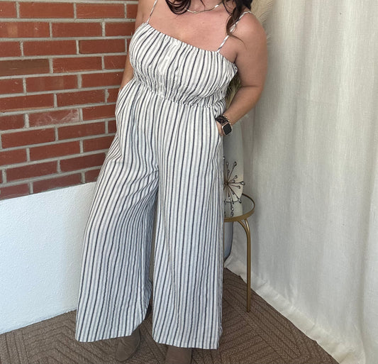 Linen Blend Stripe Wide Leg Jumpsuit