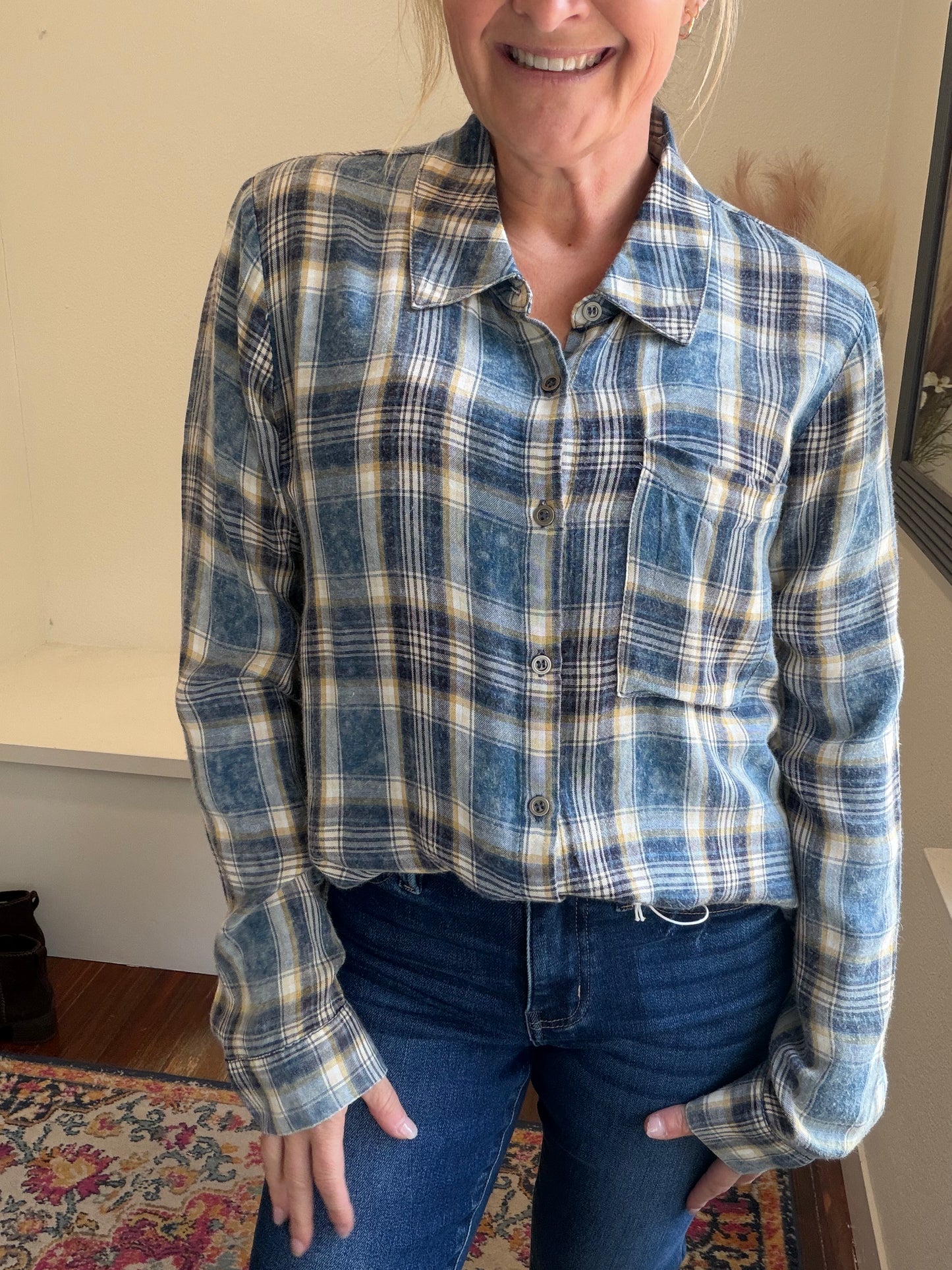 Blue Plaid Distressed Top