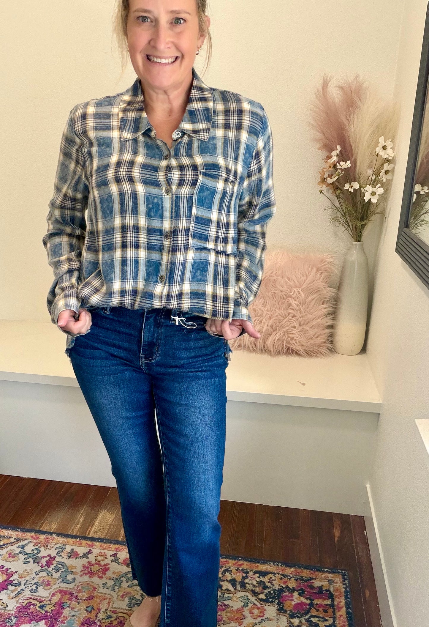 Blue Plaid Distressed Top