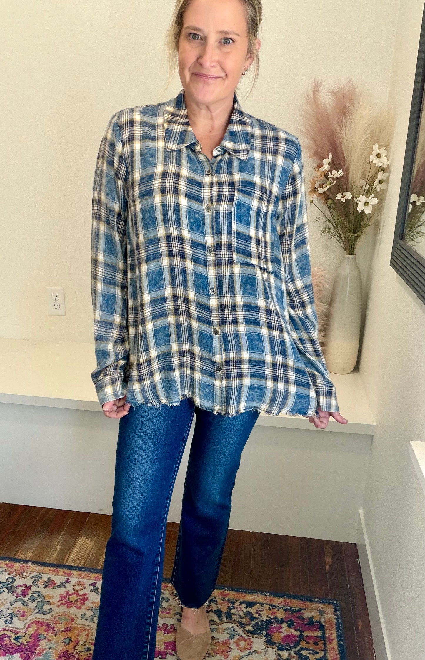 Blue Plaid Distressed Top