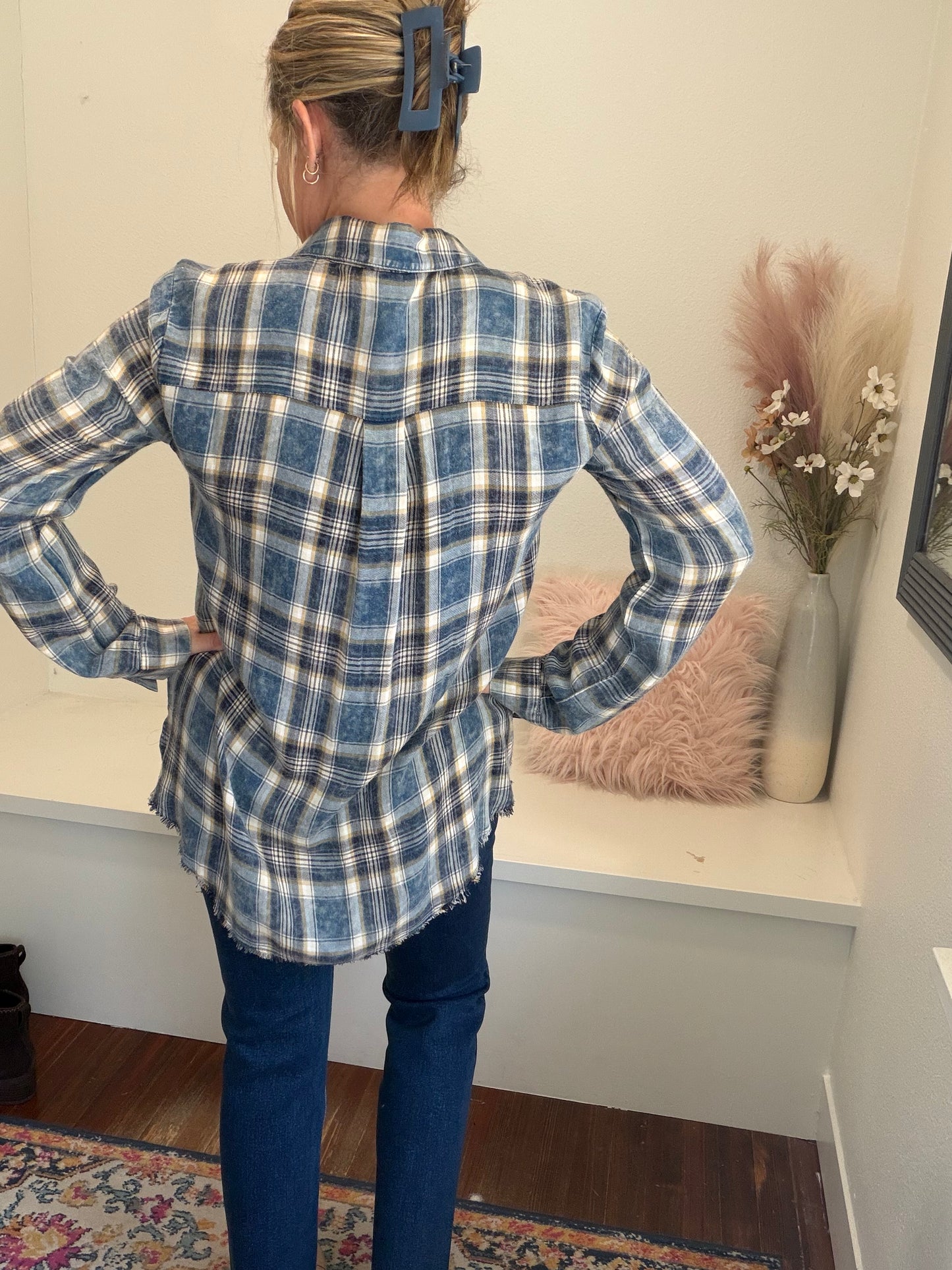 Blue Plaid Distressed Top