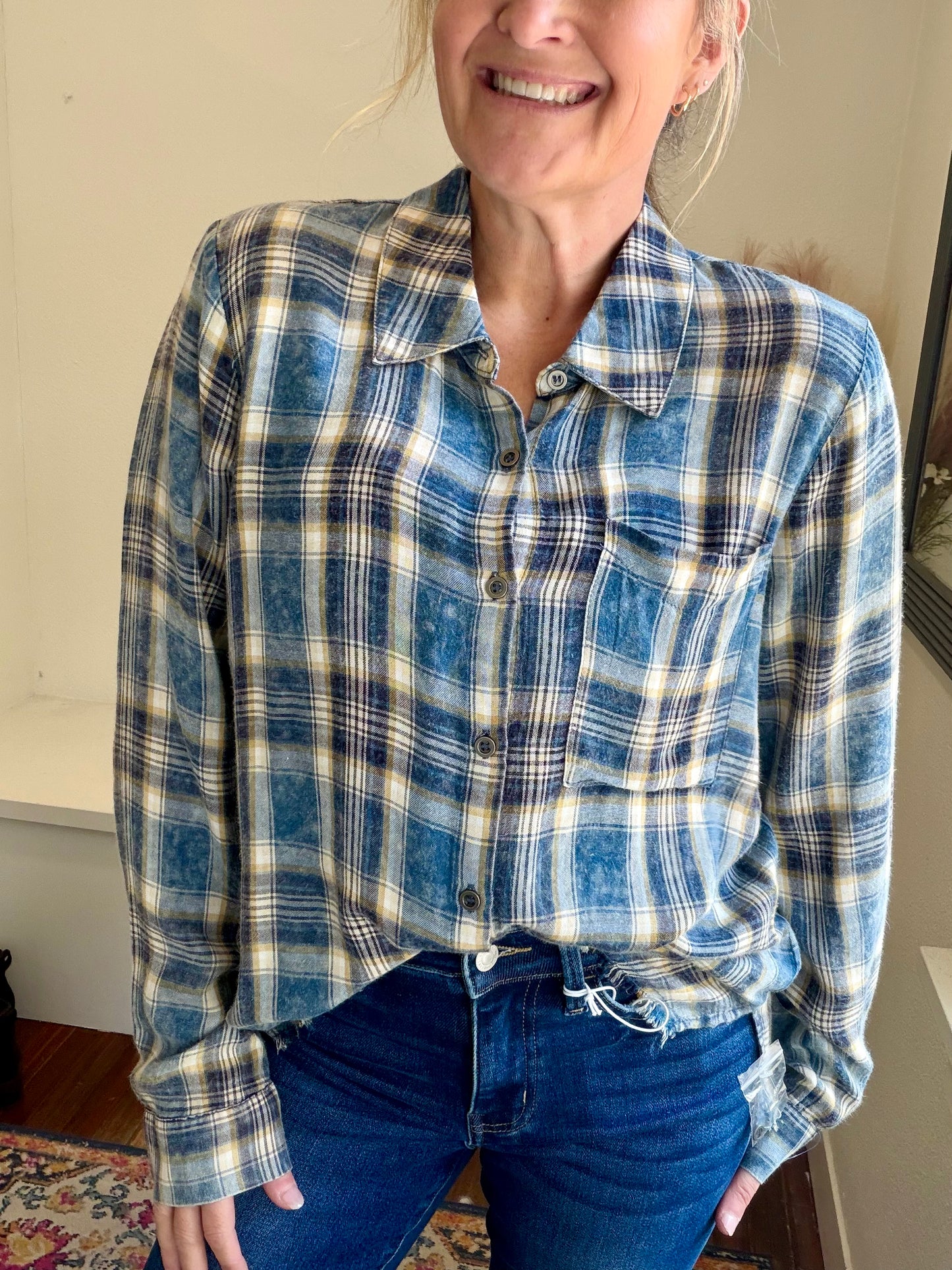 Blue Plaid Distressed Top