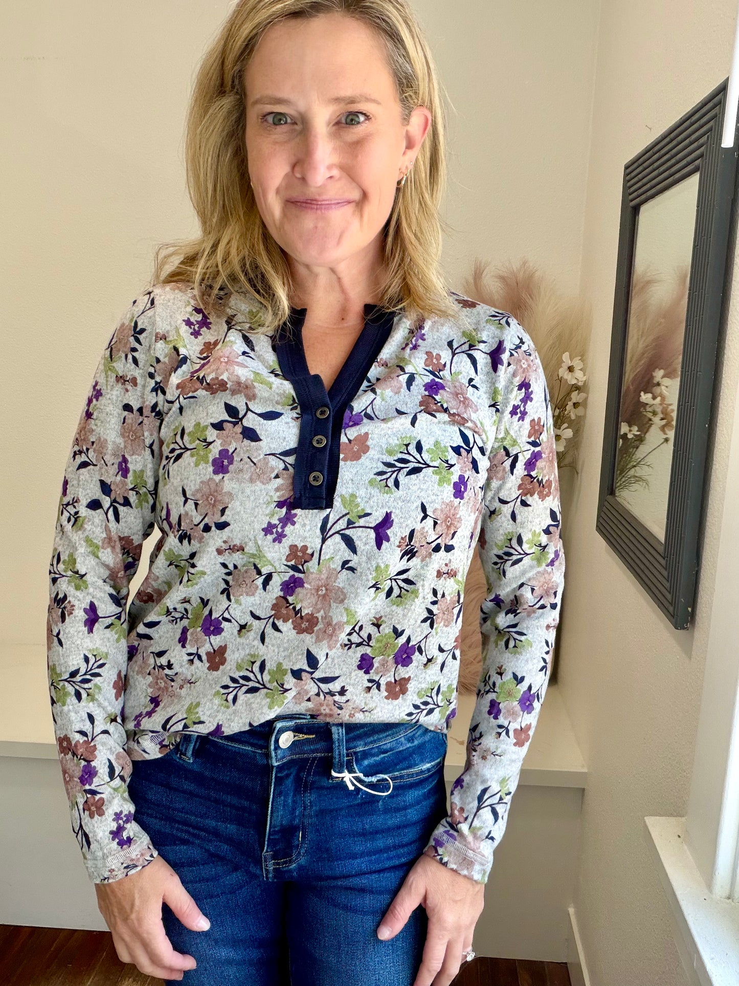 Navy Floral Long Sleeve Top