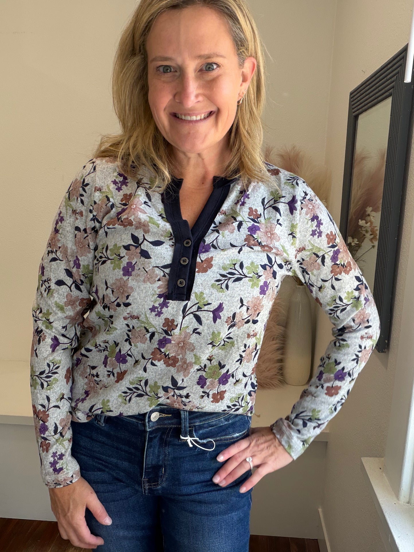 Navy Floral Long Sleeve Top