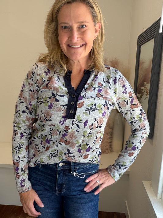 Navy Floral Long Sleeve Top
