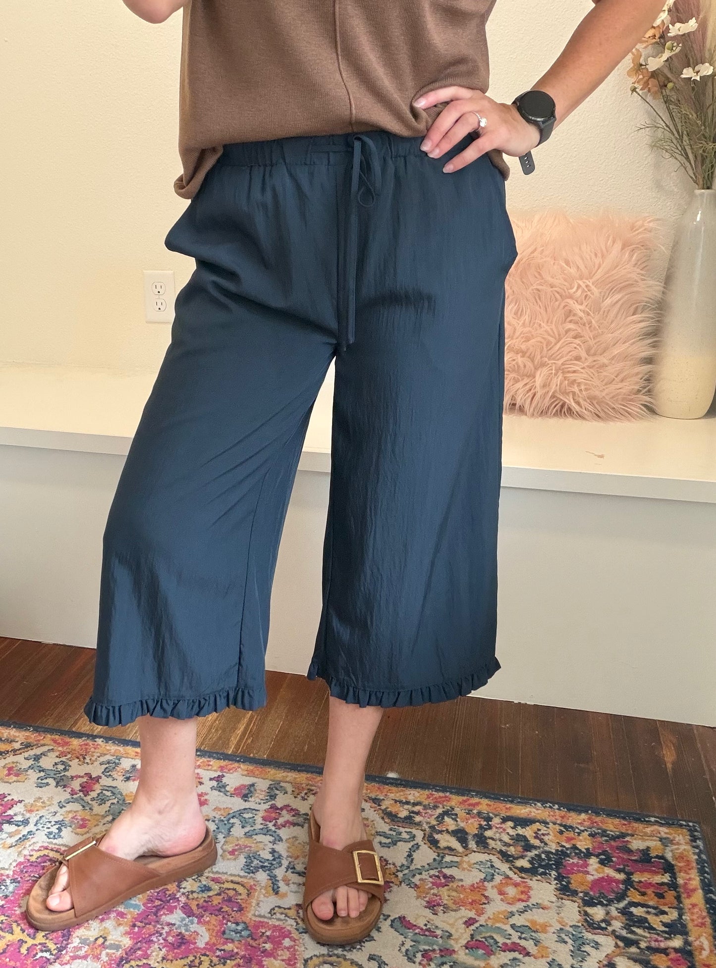 Navy Ruffle Capri Pant