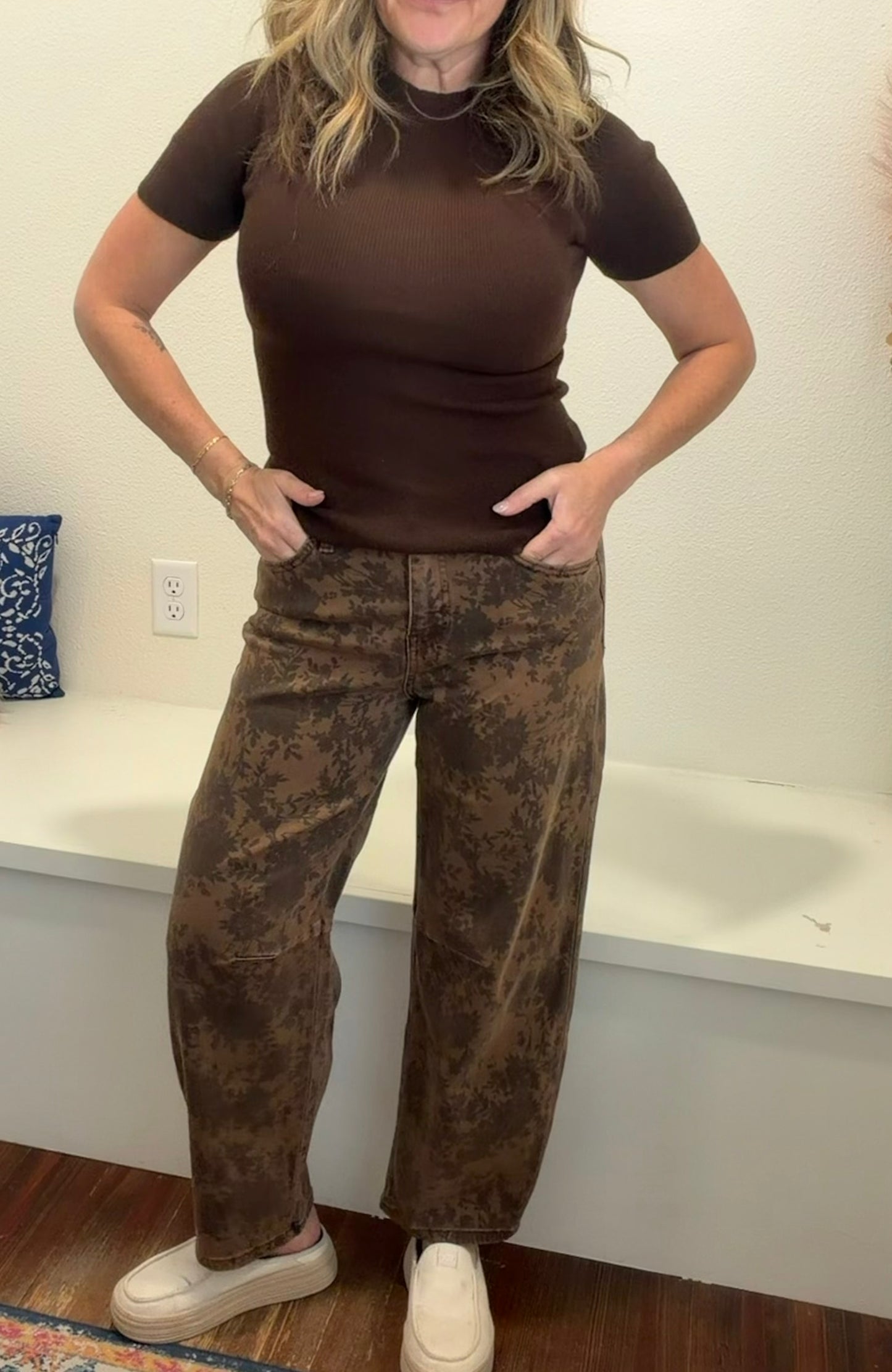 High Rise Brown Floral Print Barrel Jeans
