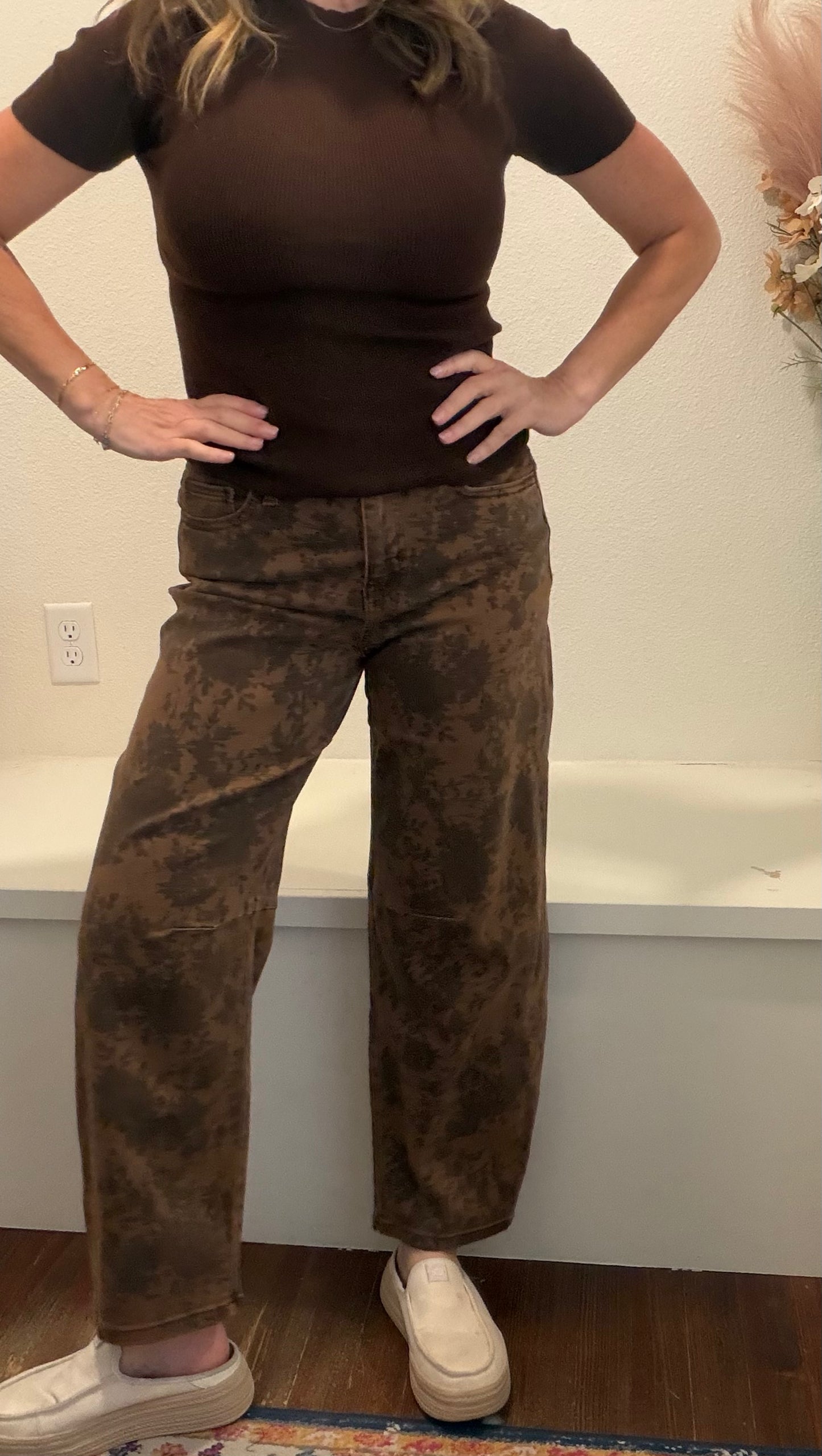 High Rise Brown Floral Print Barrel Jeans