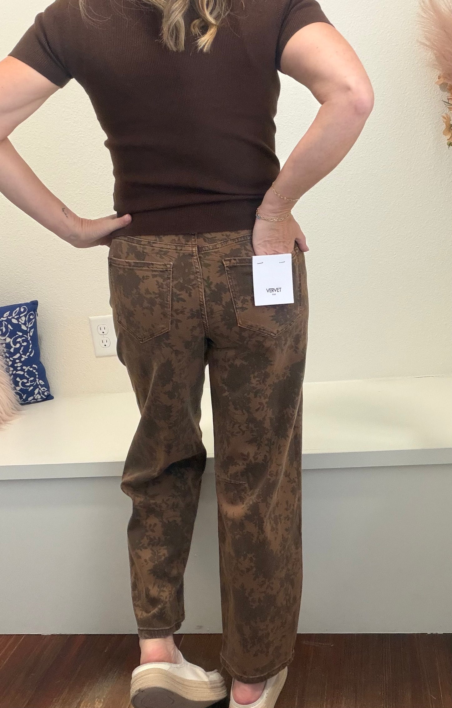 High Rise Brown Floral Print Barrel Jeans