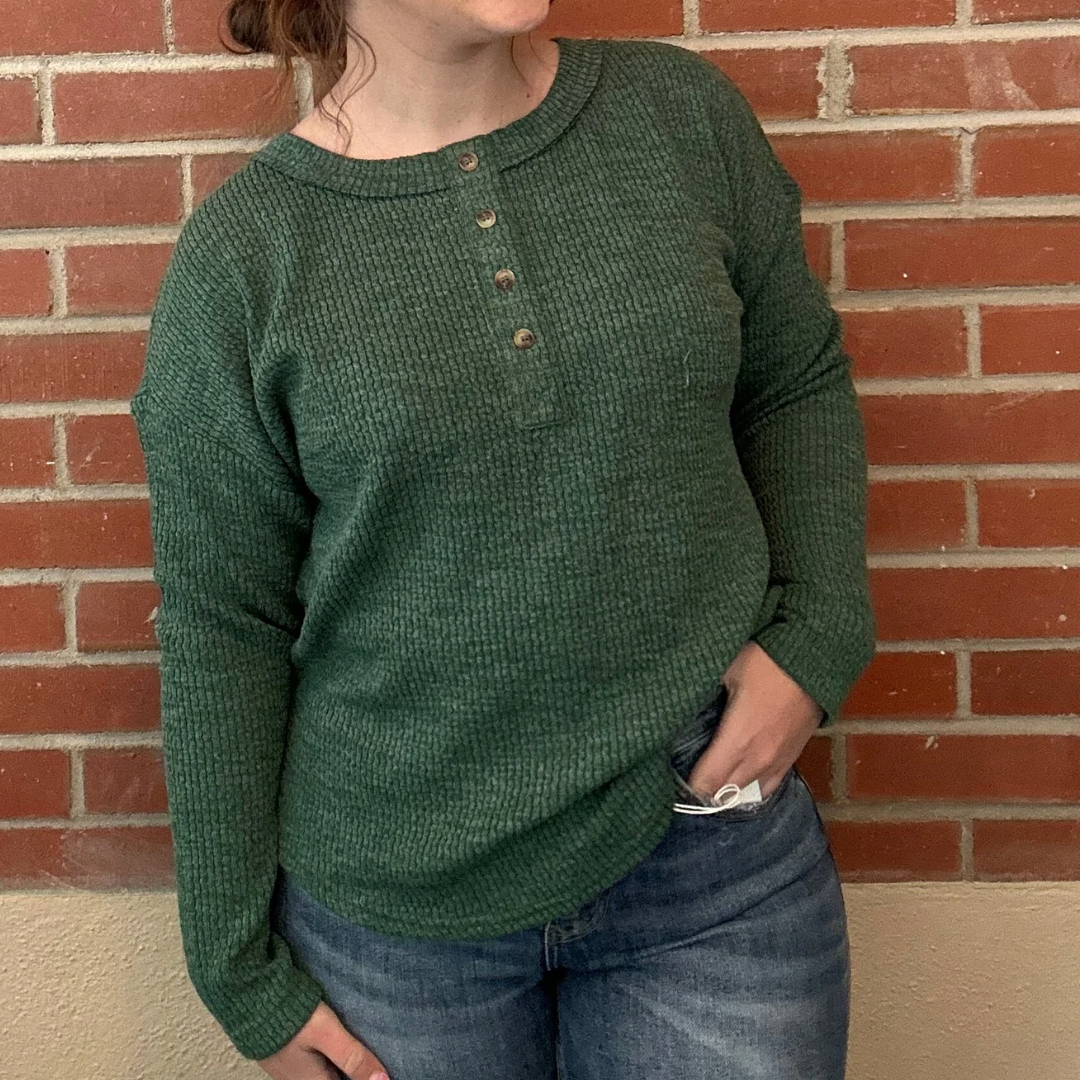 Waffle Knit Long Sleeve Top - Green