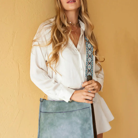 Chloe Crossbody with Guitar Strap: Brown and Teal