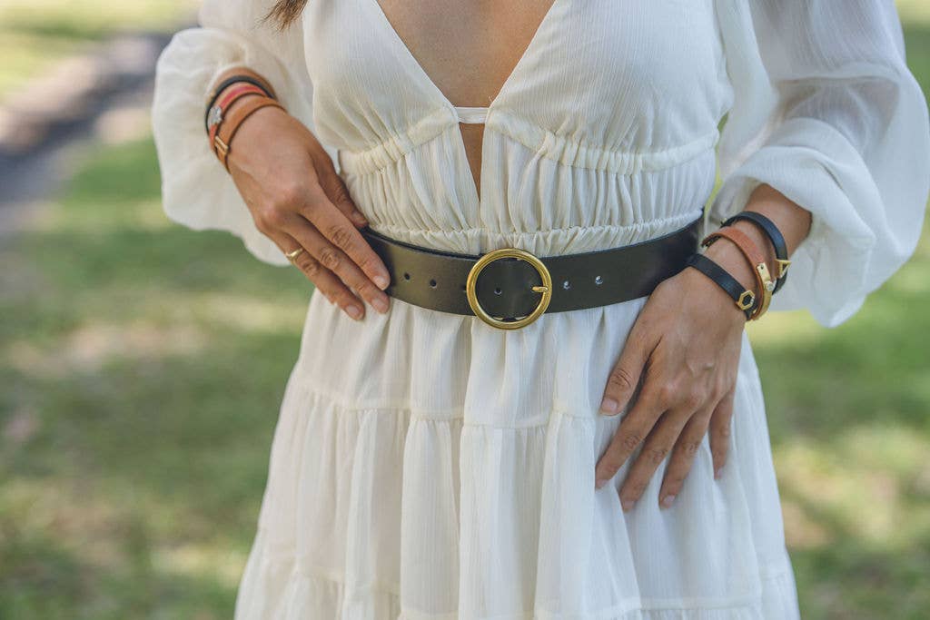 Wide Circle Buckle Leather Belt