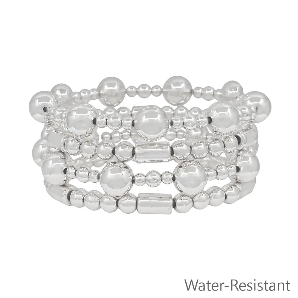 Set of 4 10mm Silver Beaded with Cylinder Beaded Stretch Bracelets
