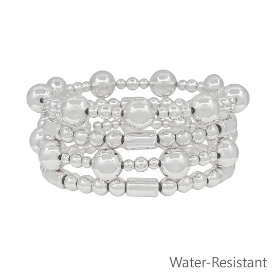 Set of 4 10mm Silver Beaded with Cylinder Beaded Stretch Bracelets