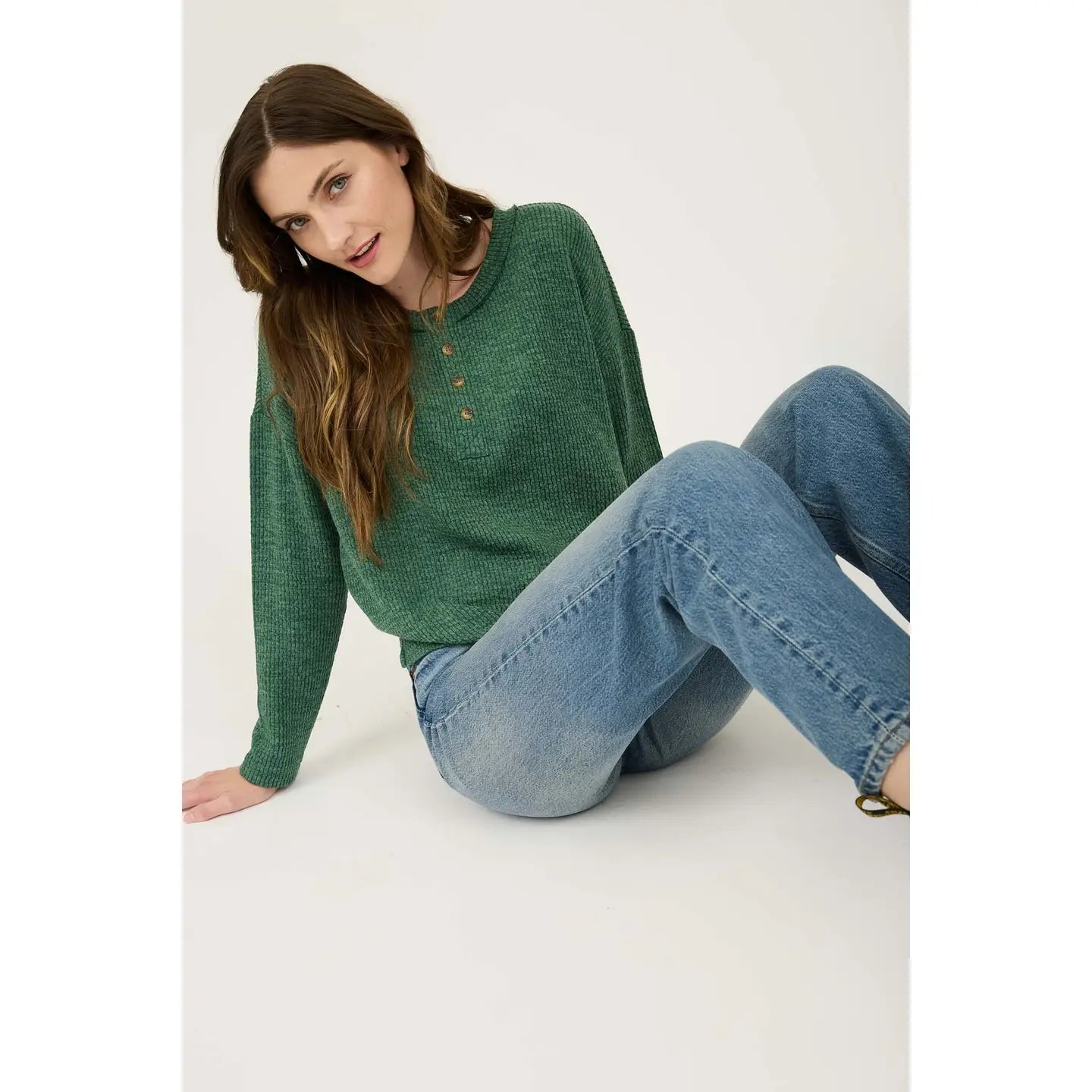 Waffle Knit Long Sleeve Top - Green