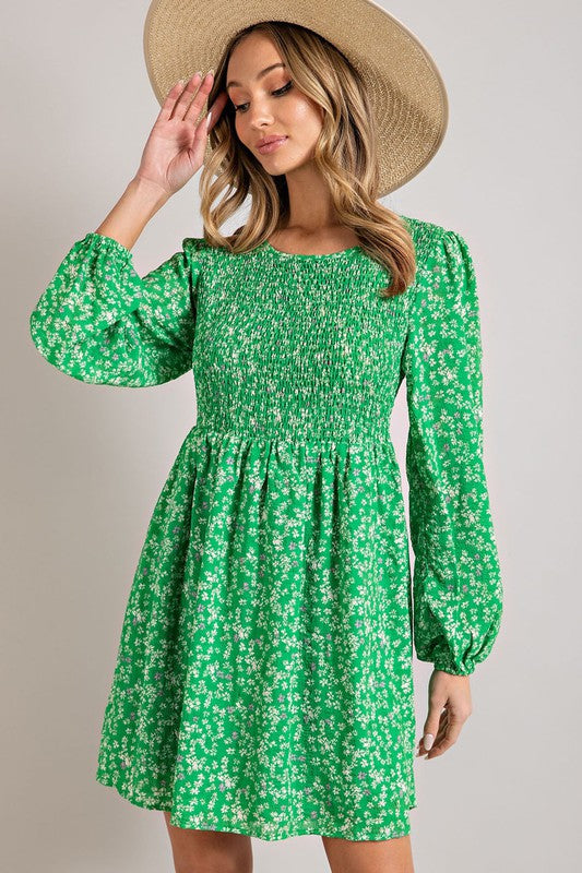 Kelly Green Floral Dress - Large